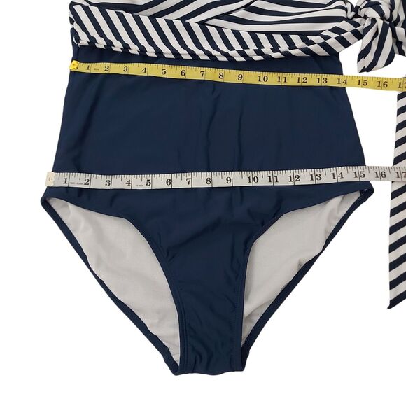 Meet Curve Swimsuit Womens Large Blue Fashion Faux Wrap Halter One Piece Stripes - Picture 9 of 10